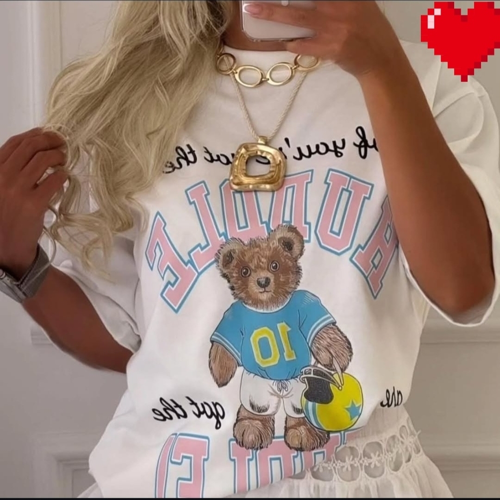 White Graphic T-Shirt with Bear Print